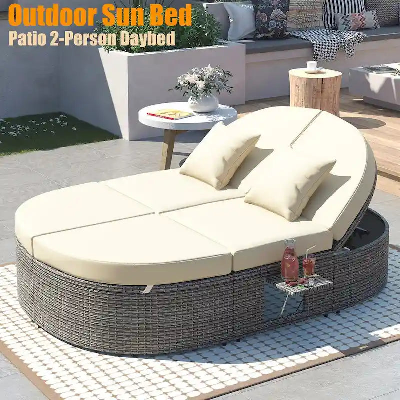Outdoor Sun Bed Patio 2-Person Daybed with Cushions and Pillows