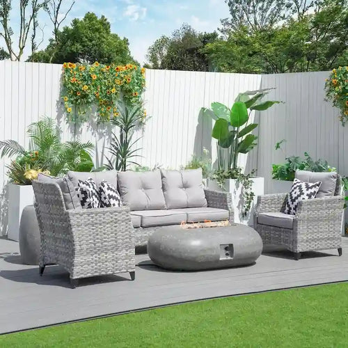 5-piece Wicker Patio Conversation Set with Oval Cement Fire Pit Table