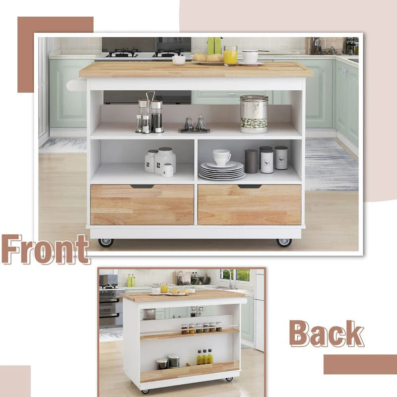 Rolling Kitchen Island with Storage, Two-sided Kitchen island Cart on Wheels with Wood Top, Wine and Spice Rack