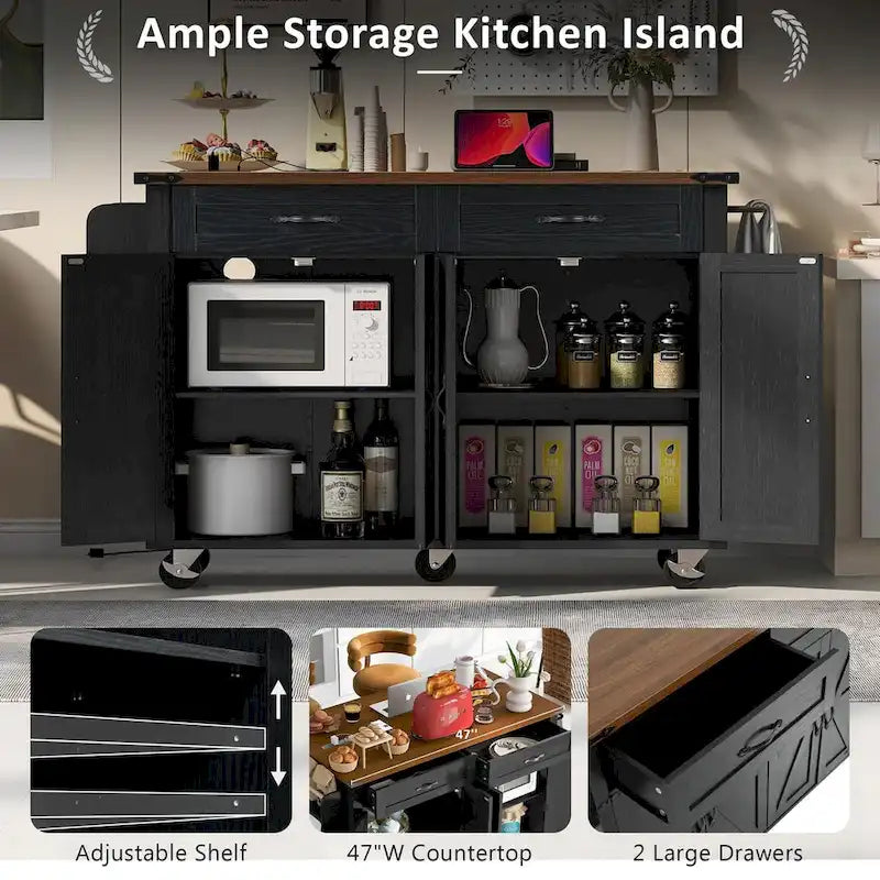53.5 Farmhouse Kitchen Trolley with Power Outlet, Drop Leaf, Spice Rack, and Drawers, Mobile Cart on Wheels