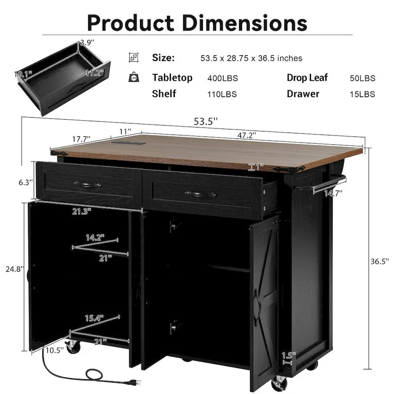 53.5 Farmhouse Kitchen Trolley with Power Outlet, Drop Leaf, Spice Rack, and Drawers, Mobile Cart on Wheels