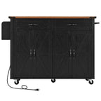 53.5 Farmhouse Kitchen Trolley with Power Outlet, Drop Leaf, Spice Rack, and Drawers, Mobile Cart on Wheels