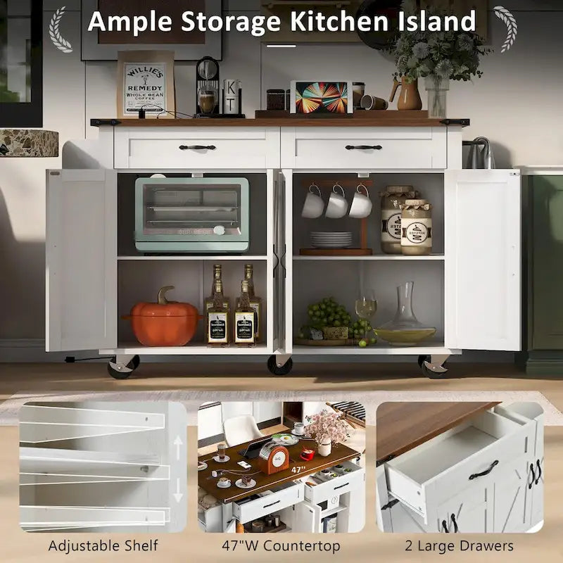 53.5 Farmhouse Kitchen Trolley with Power Outlet, Drop Leaf, Spice Rack, and Drawers, Mobile Cart on Wheels