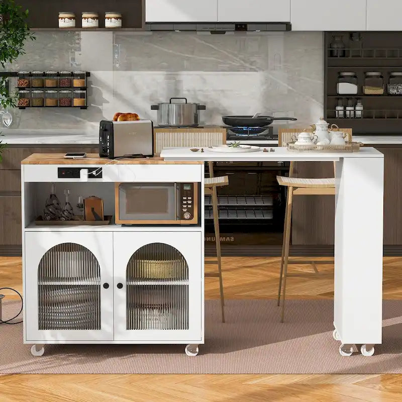 56.3 in. W Kitchen Island with Extended Table, LED Lights and Side 3 Open Shelves