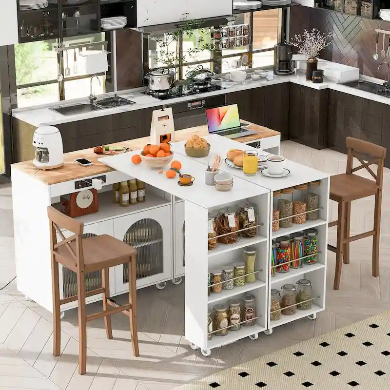 56.3 in. W Kitchen Island with Extended Table, LED Lights and Side 3 Open Shelves