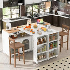 56.3 in. W Kitchen Island with Extended Table, LED Lights and Side 3 Open Shelves