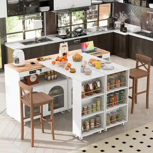 56.3 in. W Kitchen Island with Extended Table, LED Lights and Side 3 Open Shelves