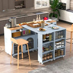 56.3 in. W Kitchen Island with Extended Table, LED Lights and Side 3 Open Shelves