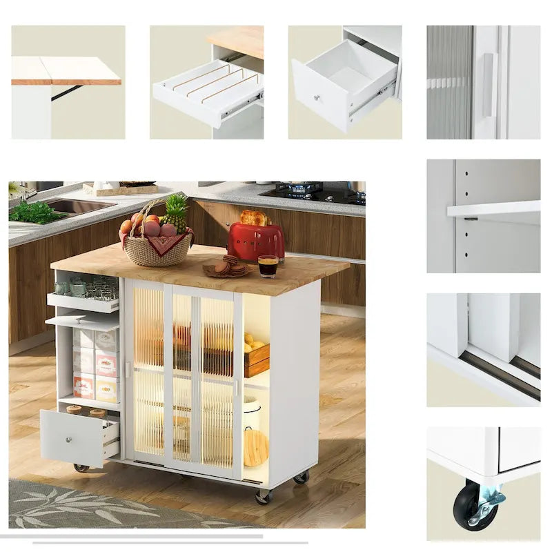 Kitchen Island with Drop Leaf,LED Light Cart on Wheels with 2 Fluted Glass Doors,Adjustable Shelf,2 Drawers,1 Flip Cabinet Door