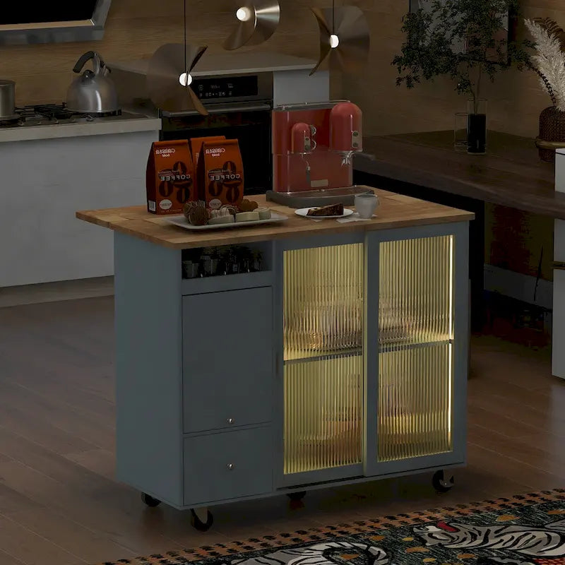 Kitchen Island with Drop Leaf,LED Light Cart on Wheels with 2 Fluted Glass Doors,Adjustable Shelf,2 Drawers,1 Flip Cabinet Door