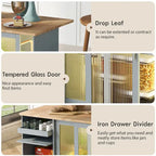 Kitchen Island with Drop Leaf,LED Light Cart on Wheels with 2 Fluted Glass Doors,Adjustable Shelf,2 Drawers,1 Flip Cabinet Door