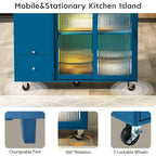 Kitchen Island with Drop Leaf,LED Light Cart on Wheels with 2 Fluted Glass Doors,Adjustable Shelf,2 Drawers,1 Flip Cabinet Door