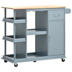 Rubber Wood Kitchen Cart with Adjustable Shelves and Wine Rack