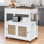 Moasis Rattan Rolling Kitchen Island with Storage Cabinet - 32.2L x19.5W x 35H