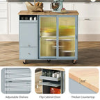 Kitchen Island Cart on Wheels with Drop Leaf,LED Light,2 Fluted Glass Doors and 1 Flip Cabinet Door