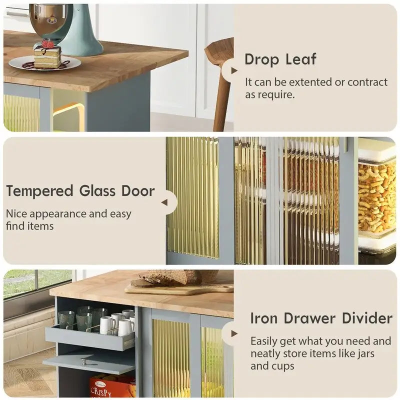 Kitchen Island Cart on Wheels with Drop Leaf,LED Light,2 Fluted Glass Doors and 1 Flip Cabinet Door
