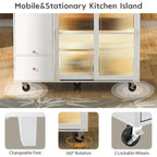 Kitchen Island Cart on Wheels with Drop Leaf,LED Light,2 Fluted Glass Doors and 1 Flip Cabinet Door