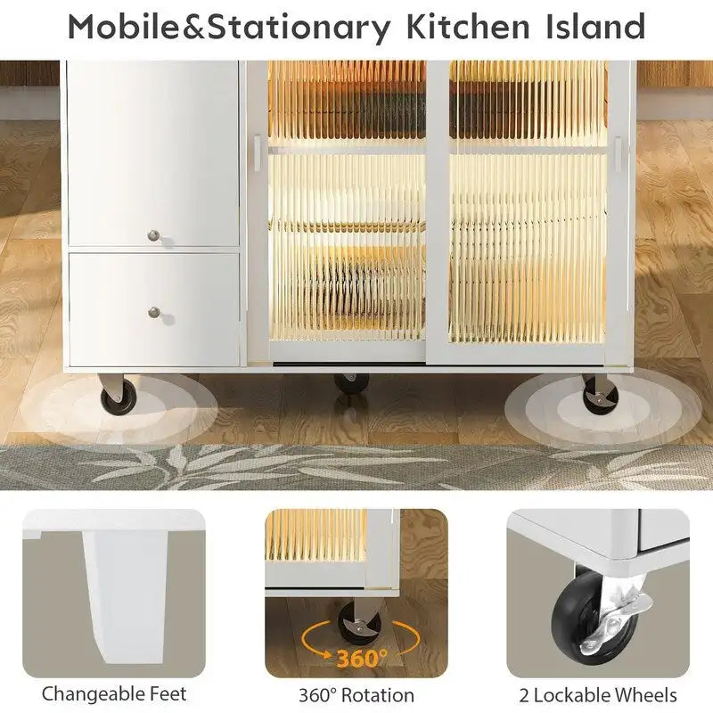 Kitchen Island Cart on Wheels with Drop Leaf,LED Light,2 Fluted Glass Doors and 1 Flip Cabinet Door