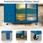 Kitchen Island Cart on Wheels with Drop Leaf,LED Light,2 Fluted Glass Doors and 1 Flip Cabinet Door
