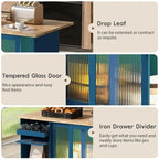 Kitchen Island Cart on Wheels with Drop Leaf,LED Light,2 Fluted Glass Doors and 1 Flip Cabinet Door