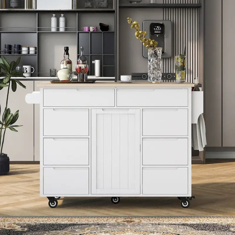 Rubberwood Kitchen Cart with Drop Leaf, Internal Storage Rack, Tableware organizer, and 8 drawers