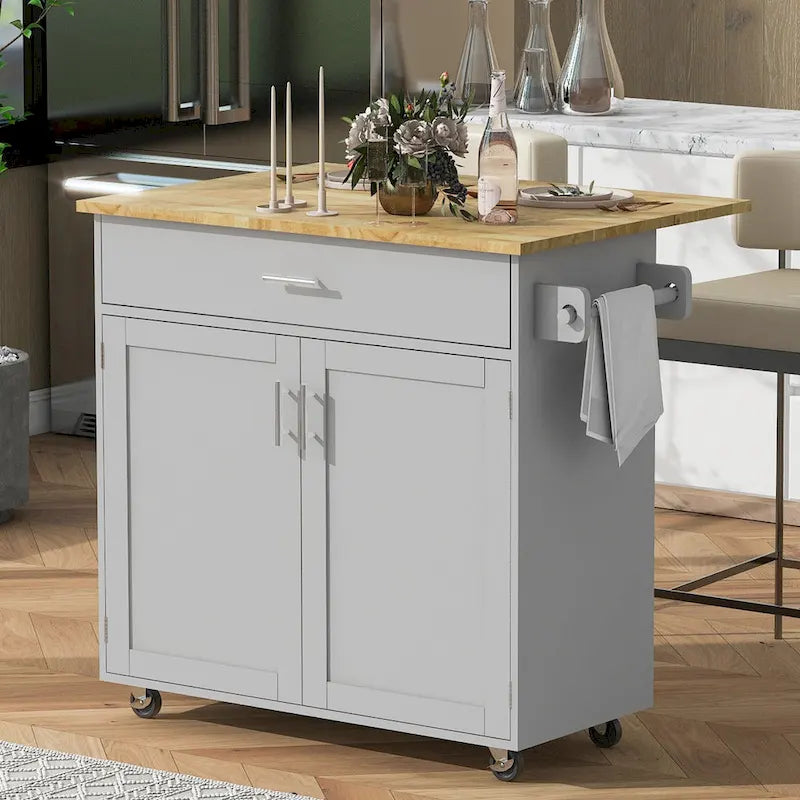 Rolling Kitchen Island with Storage,Kitchen Cart with Rubber Wood Top,Spacious Drawer with Divider and Internal Storage Rack