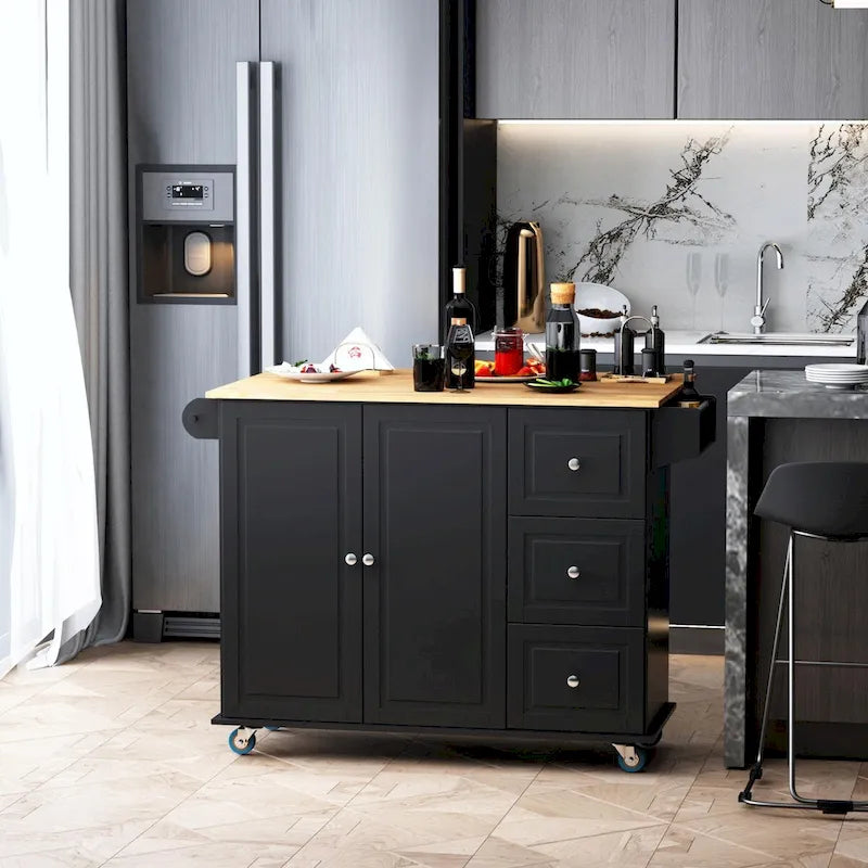 Mobile Kitchen Island with Drop Leaf, Wheels, Storage, and Towel Rack
