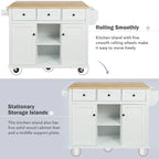 Rubberwood Drop Leaf Countertop Kitchen Cart with Door Inside Storage Rack and 3 Drawers