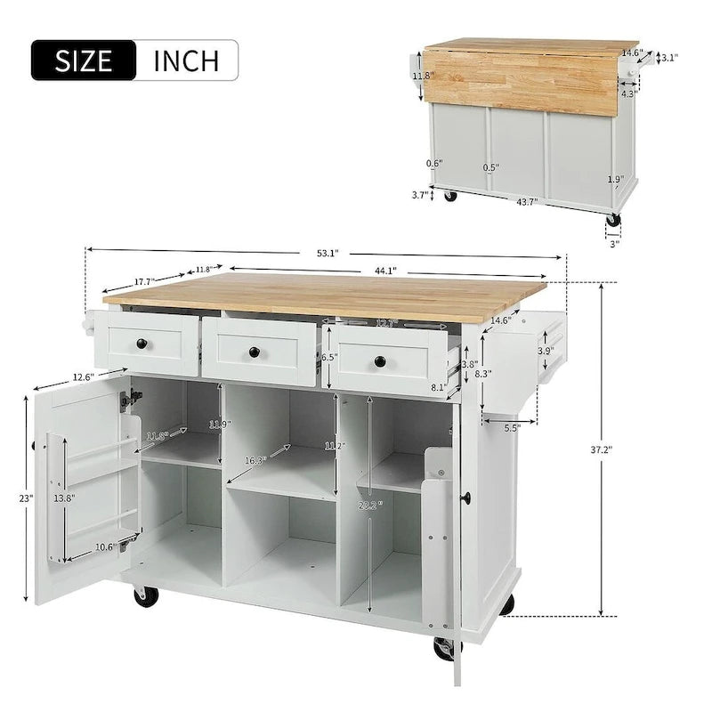 Rubberwood Drop Leaf Countertop Kitchen Cart with Door Inside Storage Rack and 3 Drawers