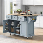Rubberwood Drop Leaf Countertop Kitchen Cart with Door Inside Storage Rack and 3 Drawers