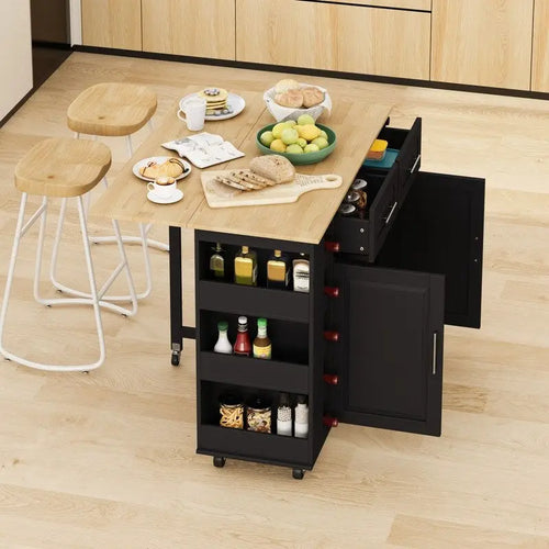 46.46Multi-Functional Kitchen Island Cart with Spice Rack,Wine Rack,Towel Holder and Foldable Rubberwood Table Top
