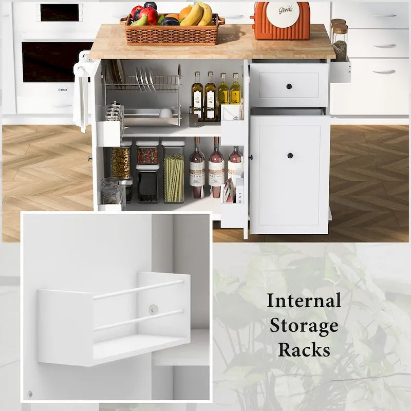 53.9 Width Rolling Kitchen Cart on Wheels with Internal Storage Rack and 3 Tier Pull Out Cabinet Organizer