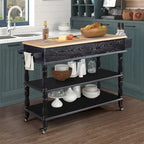 Rolling OAK Wood Top Kitchen Cart with Wine Rack and 2 Drawers
