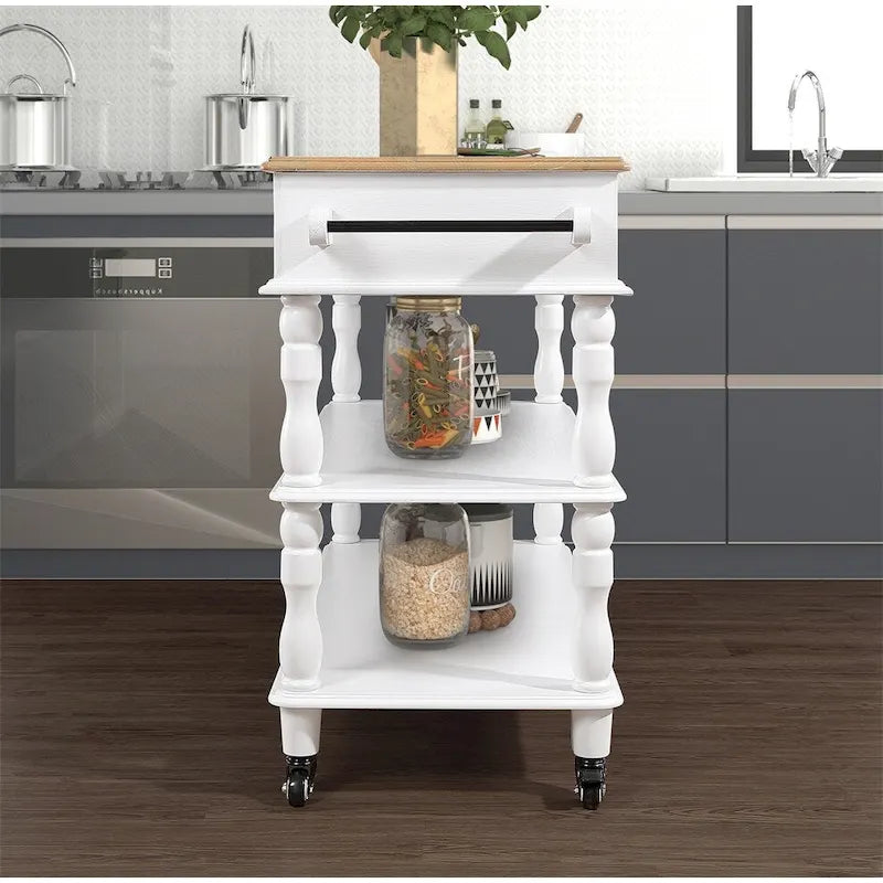 Rolling OAK Wood Top Kitchen Cart with Wine Rack and 2 Drawers