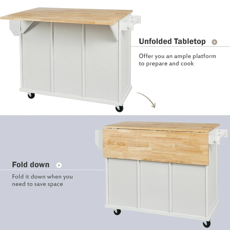 Kitchen Cart with Rubber Wood Drop-Leaf Countertop , Internal Storage Racks