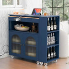 Rolling Kitchen Island With Extended Table,with LED Lights,Glass Doors