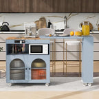 Rolling Kitchen Island with Movable Extended Table on Wheels,LED Lights Power Outlets & Fluted Doors,3 Open Adjustable Shelves
