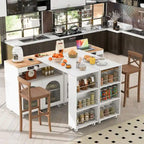 Rolling Kitchen Island with Movable Extended Table on Wheels,LED Lights Power Outlets & Fluted Doors,3 Open Adjustable Shelves