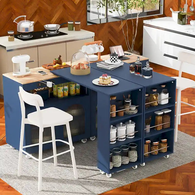 Rolling Kitchen Island with Movable Extended Table on Wheels,LED Lights Power Outlets & Fluted Doors,3 Open Adjustable Shelves