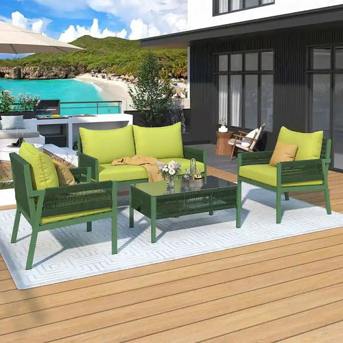 4-Piece Rope Conversation Set with Slatted Tempered Glass Top and Thick Cushion