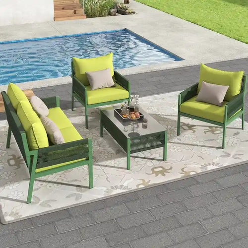 4-Piece Rope Conversation Set with Slatted Tempered Glass Top and Thick Cushion