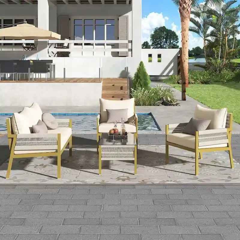 4-Piece Rope Conversation Set with Slatted Tempered Glass Top and Thick Cushion