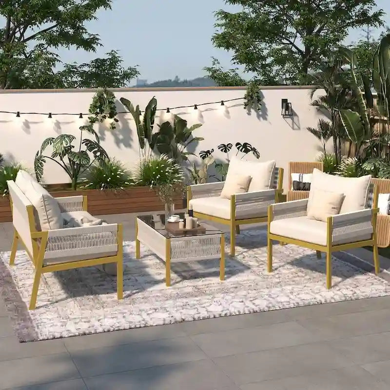 4-Piece Rope Conversation Set with Slatted Tempered Glass Top and Thick Cushion