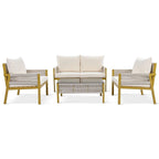 4-Piece Rope Conversation Set with Slatted Tempered Glass Top and Thick Cushion
