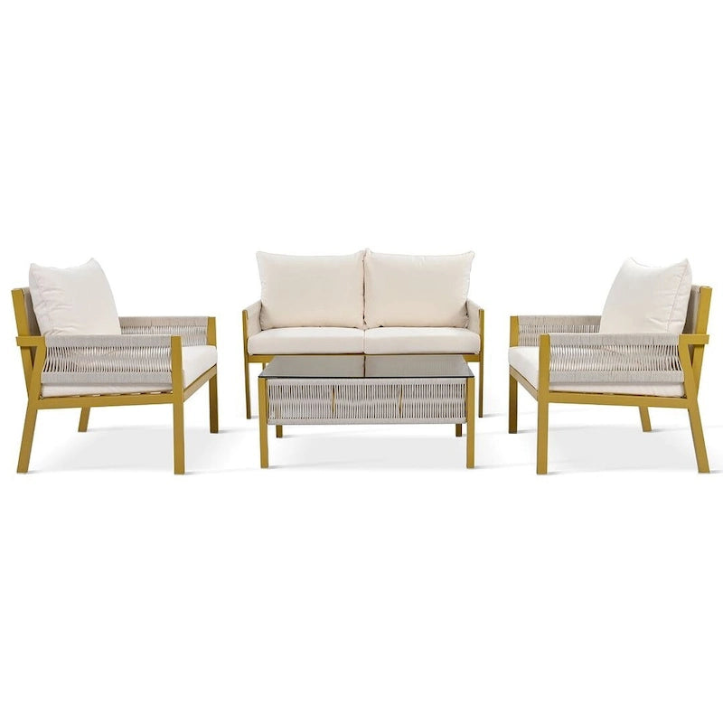 4-Piece Rope Conversation Set with Slatted Tempered Glass Top and Thick Cushion