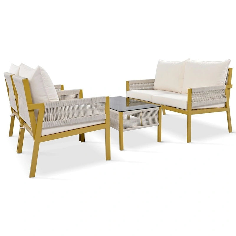 4-Piece Rope Conversation Set with Slatted Tempered Glass Top and Thick Cushion