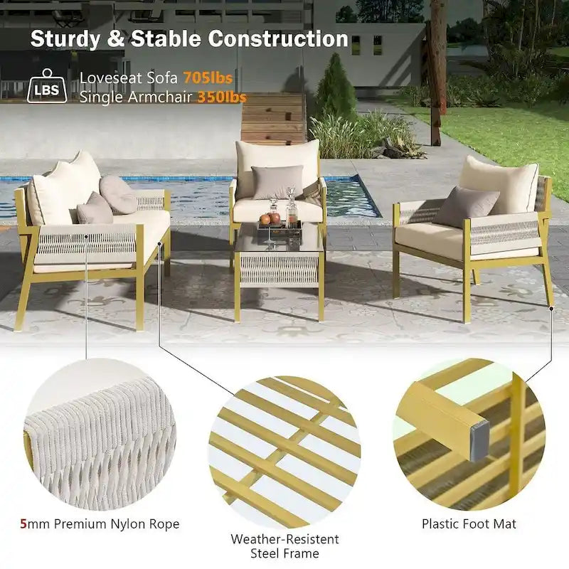 4-Piece Rope Conversation Set with Slatted Tempered Glass Top and Thick Cushion