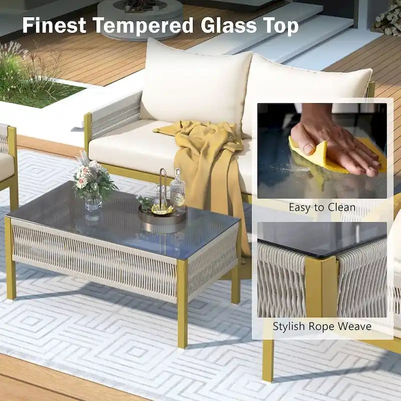 4-Piece Rope Conversation Set with Slatted Tempered Glass Top and Thick Cushion