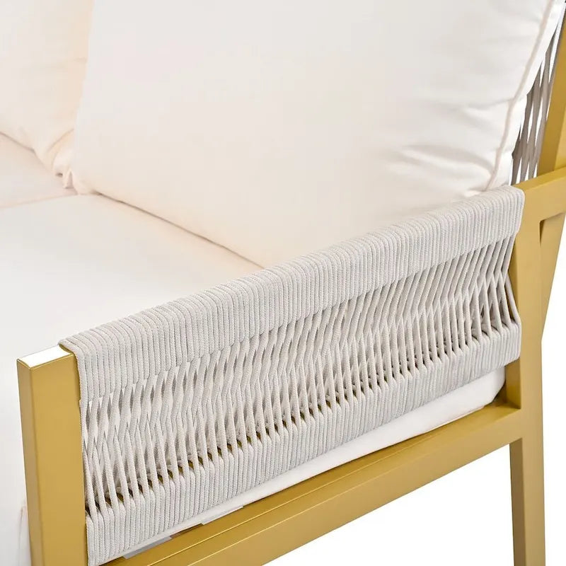 4-Piece Rope Conversation Set with Slatted Tempered Glass Top and Thick Cushion