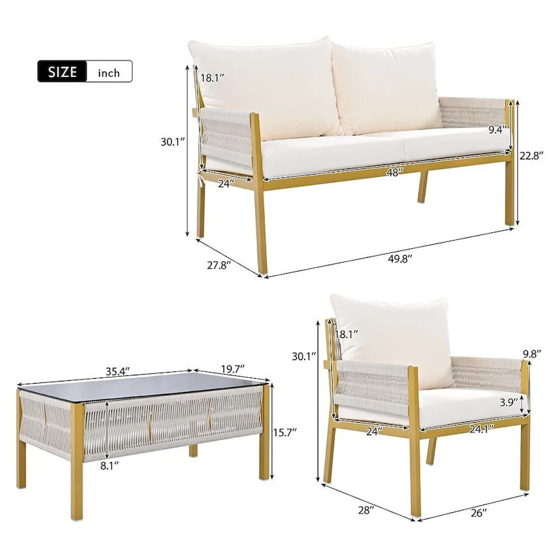 4-Piece Rope Conversation Set with Slatted Tempered Glass Top and Thick Cushion